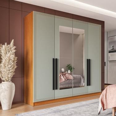 Imagem de Guarda Roupa Roupeiro 4 portas 4 gavetas com Espelho Valência Freijó Verde Politorno Móveis