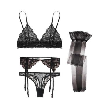 Imagem de Conjunto De Sutiã De Renda Feminino Com Calcinha Não Almofadada E Meia