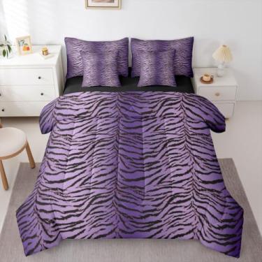 Imagem de Erosebridal Conjunto de edredom solteiro com estampa de tigre (roxo dégradé preto) para adultos | Conjunto de cama de 7 peças com estampa de animais selvagens, safári, estampa de tigre simulado