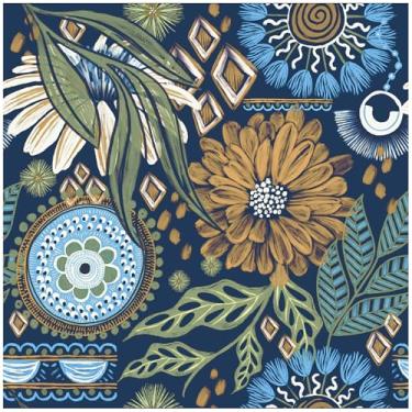 Imagem de HAOKHOME Descole e cole papel de parede boho retro floral papel de parede azul marinho mostarda para banheiro cozinha decoração parede 44 cm x 10 m