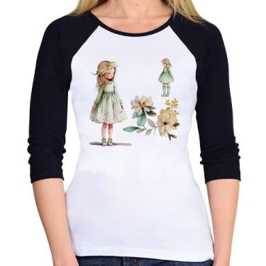 Imagem de Baby Look Raglan Meninas e Flores Manga 3/4 - Foca na Moda, Branco, Pr
