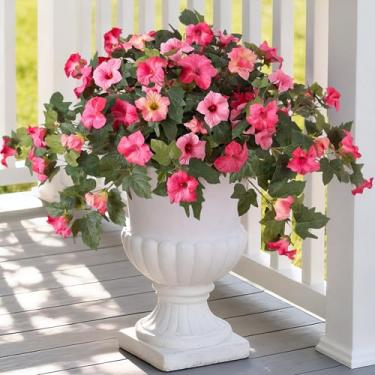 Imagem de Ammyoo Flores artificiais de petúnia falsas para decoração ao ar livre, 2 peças de flores de petúnias de seda sintética para primavera, resistente a UV, não desbota, plantas realistas para jardim