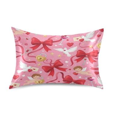 Imagem de ATTX Fronha de cetim com laço vermelho dia dos namorados com fecho de envelope, macia e refrescante para cabelo e pele, tamanho Queen 50 x 76 cm (459)