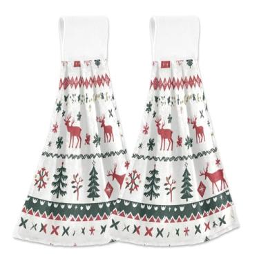 Imagem de Blueangle 2 peças de toalhas de gravata penduradas de veado de Natal toalha de mão de cozinha absorvente de veludo coral macio pano de pano para cozinha e banheiro (371)