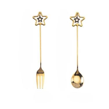 Imagem de Conjunto de colher e garfo de duas peças de ouro para bebidas de café e sobremesas diárias