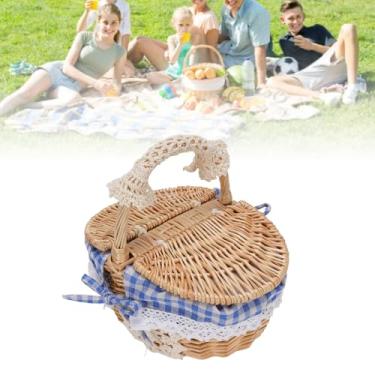 Imagem de Estink Cesta de Piquenique de Vime Com Tampa, Cesta de Piquenique Vintage Artesanal Trançada Com Forro Removível para Acampamentos Ao Ar Livre, Caminhadas e Reuniões Em Família, (Xadrez Azul)