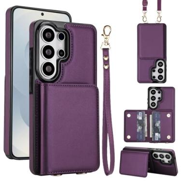 Imagem de Capa para celular Samsung Galaxy S26 Ultra PU carteira de couro, 4 compartimentos para cartão e 2 compartimentos para dinheiro, bloqueio RFID, alça destacável, capa com suporte antiarranhões e à prova
