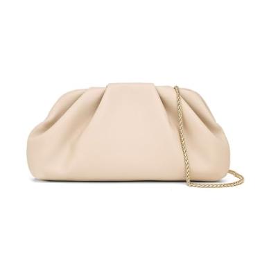 Imagem de Zeflows Bolsa clutch feminina de couro sintético macio design franzido elegante com corrente dourada para festa de casamento, bolsa de presente à noite, Damasco