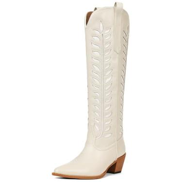 Imagem de Oiamenne Botas femininas caubói, botas de cowgirl, salto grosso, cano alto, botas, bordadas, ocidentais, country, Branco, 37