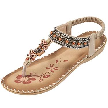 Imagem de Sandália feminina gladiadora de verão com contas boêmias, confortável, aberta nos dedos, elástica, tira no tornozelo, Damasco 527, 9