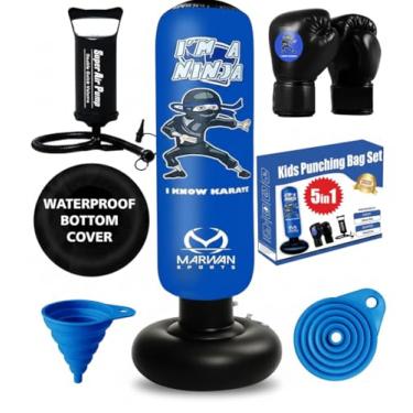 Imagem de Marwan Sports Saco de pancadas para crianças|3 em 1, conjunto de saco de boxe Ninja autônomo de 1,63 cm, inclui bomba de ar e luvas de boxe | Brinquedos para meninos de 6 a 8 anos | Brinquedos infláveis de karatê infantil para meninos, azul/preto