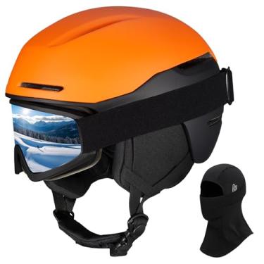 Imagem de JQF Gear Capacete de esqui capacete de snowboard para adultos, homens e mulheres, capacete de neve ajustável X13 com óculos para esportes de neve (óculos de esqui laranja fosco (máscara de esqui