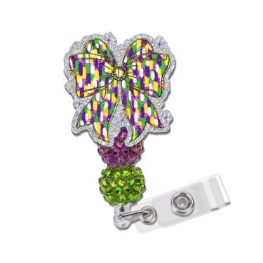 Imagem de Obookey Carretel de crachá de carnaval, lindo suporte de carnaval com clipe retrátil, carretel de crachás de identificação de férias com contas roxas amarelas verdes para enfermeiras, médicos