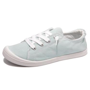 Imagem de Tênis feminino sem cadarço, confortável de lona com cano baixo, sapatos modernos casuais para mulheres caminhando com sola de borracha antiderrapante, Azul-celeste, 35
