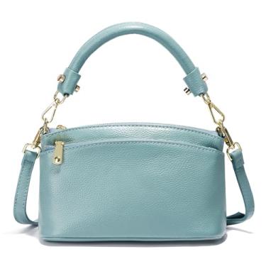 Imagem de zency Bolsa tiracolo feminina de couro legítimo com zíper triplo e elegante, Azul claro, Small