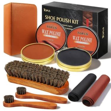 Imagem de TOPUS Kit De 8 Peças Para Engraxar Sapatos, Incluindo 3 Escovas Crina Cavalo Com Cabo 6,7 Pol., Engraxate Preto E Marrom 1,4 Oz, 2 Panos Polimento, Cuidados Sapatos Botas Couro Estojo Armazenamento