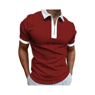 Imagem de Camisa Polo Masculina De Verão Com Padrão Listrado, Manga Curta, Zíper
