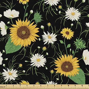 Imagem de Lunarable Tecido de girassol por jarda, padrão repetido de camomilas e produção de terras agrícolas composição rústica vintage, tecido decorativo para estofamento e detalhes domésticos, 2 metros