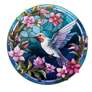 Imagem de Pendurado em vitrais, apanhadores de sol coloridos para janela, painel de diamante decorativo, apanhador de sol de jardim para aniversário para mulheres, homens, marido (flores + pássaro)