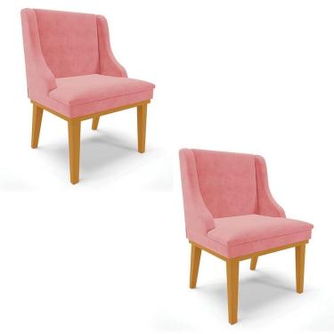 Imagem de Kit 2 Cadeiras Estofadas Para Sala De Jantar Base Fixa De Madeira Castanho Lia Suede Rosê - Ibiza