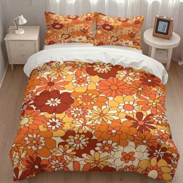 Imagem de Lnepty Conjunto de edredom floral, retrô, laranja dos anos 70, hippie, fofo, boêmio, com fronha, para decoração de cama de quarto, solteiro 218 x 178 cm