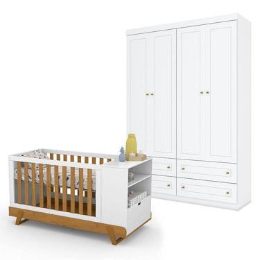 Imagem de Berço Multifuncional Bkids Branco Freijó Eco Wood Matic E Guarda Roupa Americano 4 Porta Branco Henn