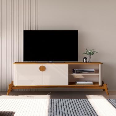 Imagem de Rack para TV até 60 Polegadas 2 Portas com Pés de Madeira Em MDF Buriti JB Móveis - Off White/Nature