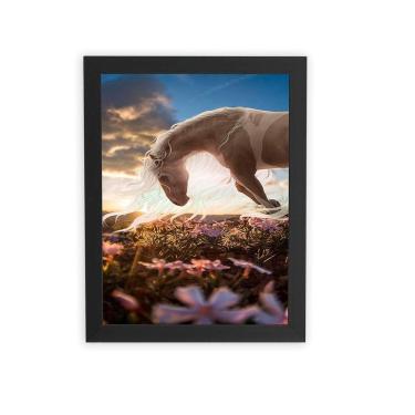 Imagem de Cavalo Crina Branca Desenho Quadro Moldura Preta 60X40Cm