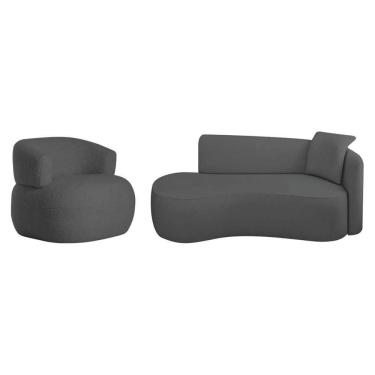 Imagem de Kit Divã Recamier 150cm E Poltrona Luxo Suíça Lado Esquerdo Linho Cinza Escuro