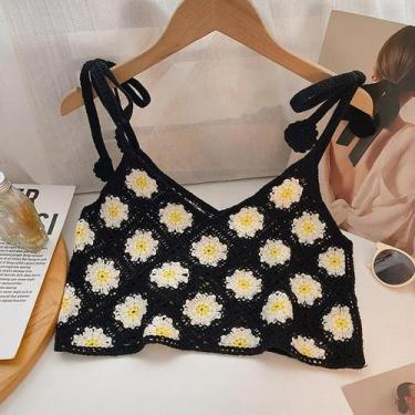 Imagem de Top Cropped Feminino Floral De Crochê Boho Com Alça De Amarrar E Tricô