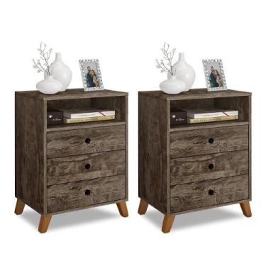 Imagem de Kit 2 criados de cabeceira retro pes palito 3 gavetas e 1 nicho castan