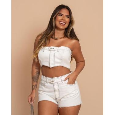 Imagem de Short Jeans Feminino Algodão Off White Curto - Glitter Jeans, Branco, 