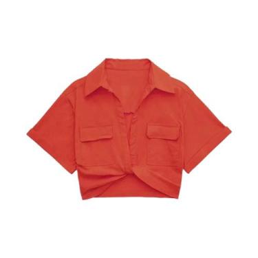 Imagem de Camisa Cropped De Linho Com Nó Frontal E Bolsos Em Patch Para Mulheres
