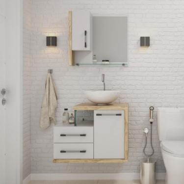 Imagem de Conjunto de Gabinete de Banheiro com Cuba R35 e Espelheira Wood 2 PT 2 GV Branco e Carvalho