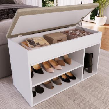 Imagem de Sapateira Baú Puff Estofado Baixo Com Tampa 3 Nichos Prateleira Organizador Multiuso Branca