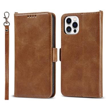 Imagem de GSYH Capa para iPhone 13 Mini/13/13 Pro/13 Pro Max, capa carteira flip com suporte para cartão e alça de pulso RFID bloqueio de couro PU proteção para câmera, marrom, 13 15,1 cm