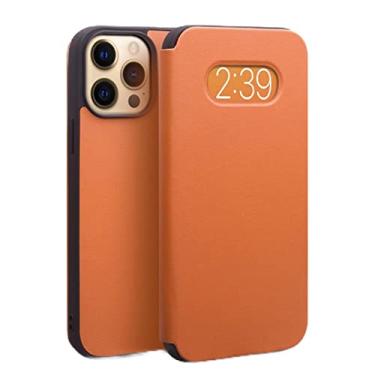 Imagem de GSYH Capa flip para iPhone 13 Mini/13/13 Pro/13 Pro Max, Capa de couro legítimo com função de visualização de janela Capa de proteção à prova de choque, Marrom, 13pro 15,1 cm