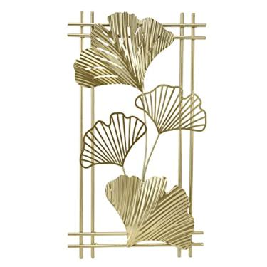 Imagem de decoração de parede de folha de ginkgo dourada de 17,Decoração de parede de metal para casa,7 "x 9,8" com moldura, escultura de parede de arte de metal dourada para sala de estar, escritório, estudo