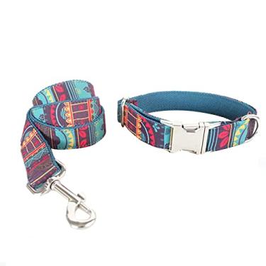 Imagem de Foern Conjunto de coleira e coleira de cachorro com padrão colorido com controle deslizante ajustável, conjunto de coleira para cachorro com fivela de liberação rápida para cães pequenos, médios, grandes, azul, GG