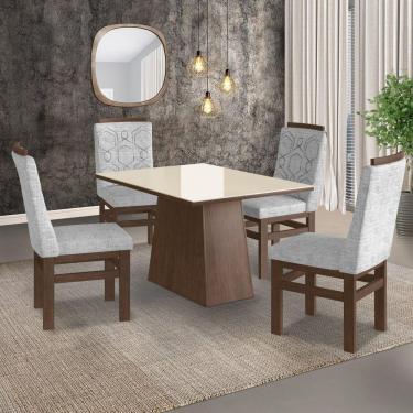 Imagem de Conjunto Sala de Jantar Mesa 90x120cm Tampo Vidro com 4 Cadeiras Madeira Maciça Tecido Linho Zamarchi Marrom/Off White