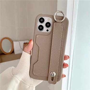 Imagem de Carteira de couro com alça de pulso de luxo para iphone 11 12 13 14 14pro 13pro max mini x xr xs 7 8plus escudo protetor, cáqui, para iphone 7plus 8plus