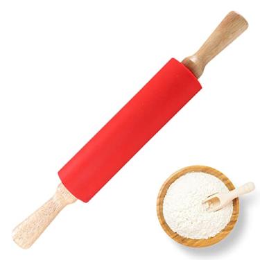 Imagem de AB1 Rolo de massa de silicone antiaderente para fondant de grau alimentício alça de madeira durável para bolo de fondant rolo de massa de poupança de trabalho 11,8 polegadas DIY artesanato ferramenta de cozimento para cozinha AB1