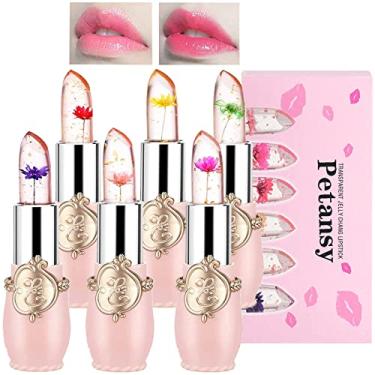 Imagem de Petansy Conjunto de 6 batons de flor de geleia de cristal, protetor labial nutritivo com mudança de temperatura, hidratante de longa duração, brilho labial, cor mágica, conjunto de batons