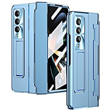 Imagem de Para Samsung Galaxy Z Fold 4 Leveling Hinge Case Kickstand Cover para Galaxy Z Fold 4 3 Plating Case com película de vidro de tela frontal, azul, para Galaxy Z Fold 4