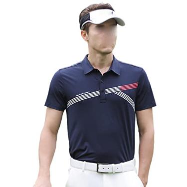 Imagem de Camisa polo masculina de golfe respirável esportiva tops de treino de secagem rápida listra manga curta botão gola casual camisas de tênis, azul marinho, G (peito: 104 cm)
