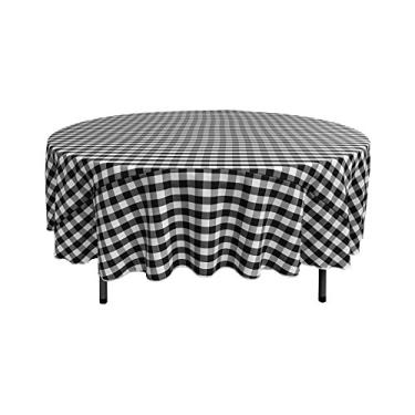 Imagem de LA Linen Toalha de mesa redonda quadriculada de poliéster, 228 cm, preto/branco