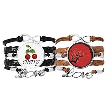 Imagem de DIYthinker Pulseira com estampa de arte Sakura da cultura japonesa vermelha e branca, pulseira de couro com corda de amor cereja conjunto duplo