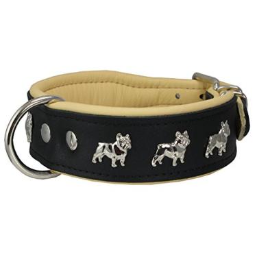 Imagem de Coleira de couro macio acolchoada para cachorro Dogs My Love de verdade Bulldog (pescoço de 33 a 40 cm; largura 4,5 cm, preto/bege)