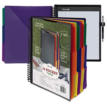 Imagem de Samsill Organizador de projetos em espiral de luxo com 24 bolsos com suporte de bloco de notas recarregável, capa frontal personalizável, 12 divisórias com abas apagáveis para escrever em cores