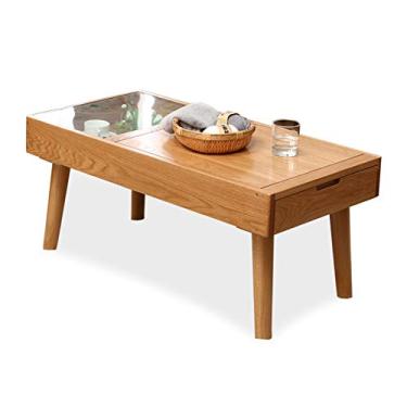 Imagem de Mesa lateral de madeira estilo japonês com 1 gaveta e caixa de armazenamento para sala de estar, mesa de TV, mesa de sofá retangular de vidro, mesa funcional elegante, mesa de centro de montagem fácil para sala de estar
